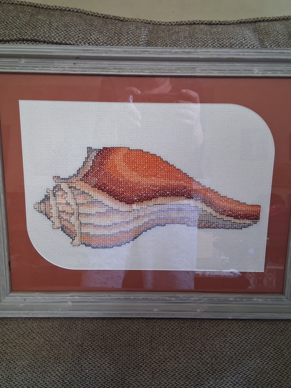 Vintage Needlepoint Conch Shell Framed & Matted
